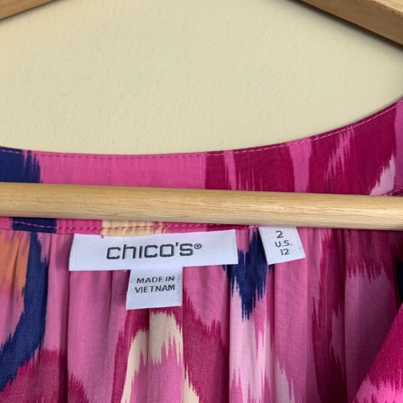 Chico's Pink Artsy Print Tiered Maxi Dress Sz.2 or 12 V- neck LS Lined Colorful - Picture 9 of 13